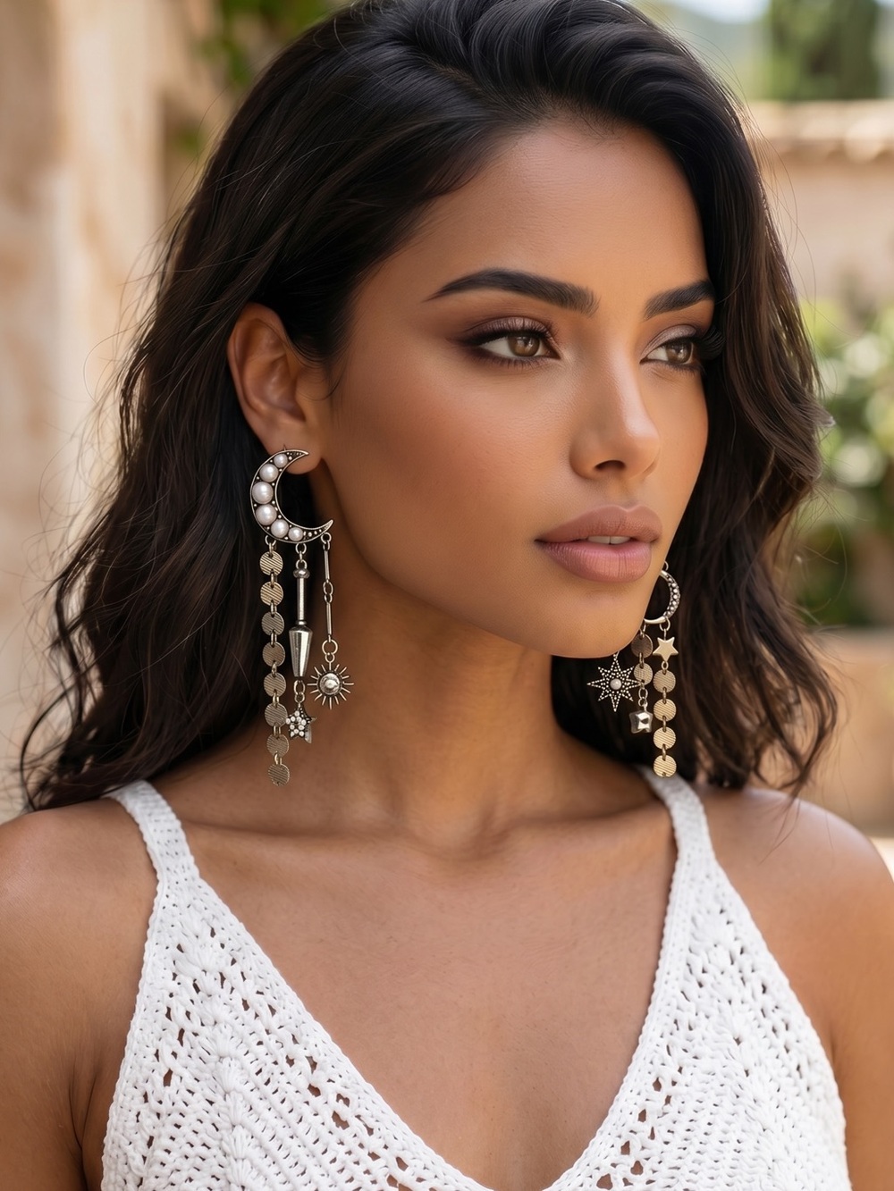 E02. Boho Celestial Silver Sun & Moon Drop Earrings